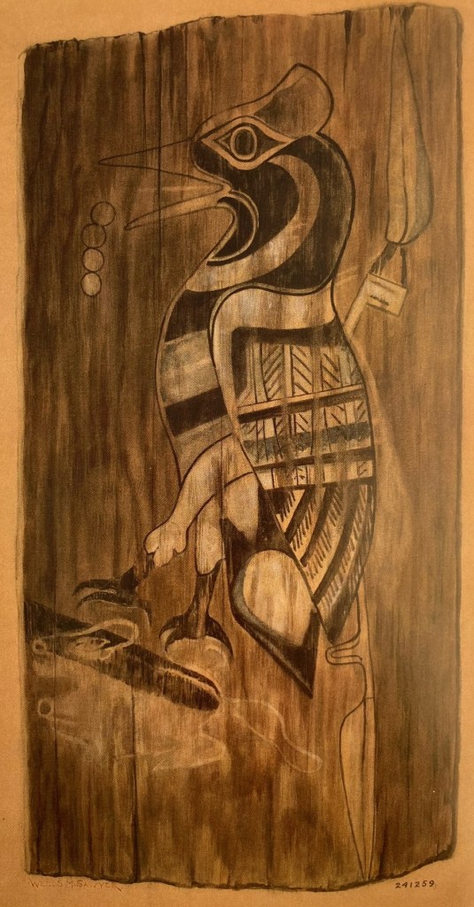 Ivory-billed Woodpecker drawing on cypress from 1450-1550; Key Marco, FL