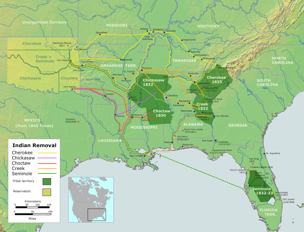 Map of the Trail of Tears for the southeastern tribes.