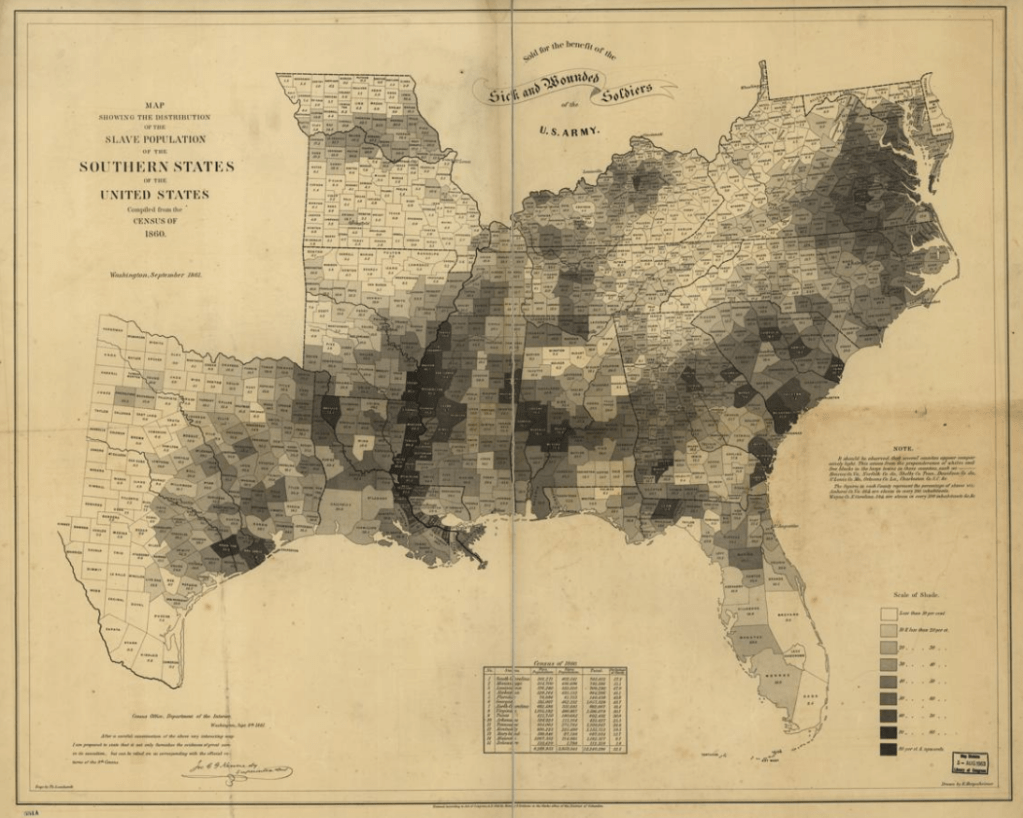 1860 map of southeast US, showing proportion of slaves by county.